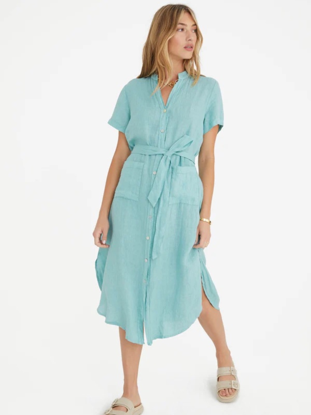 Marche the Rosemary linen Front Tie-Waist Midi Dress in Aqua Blue
